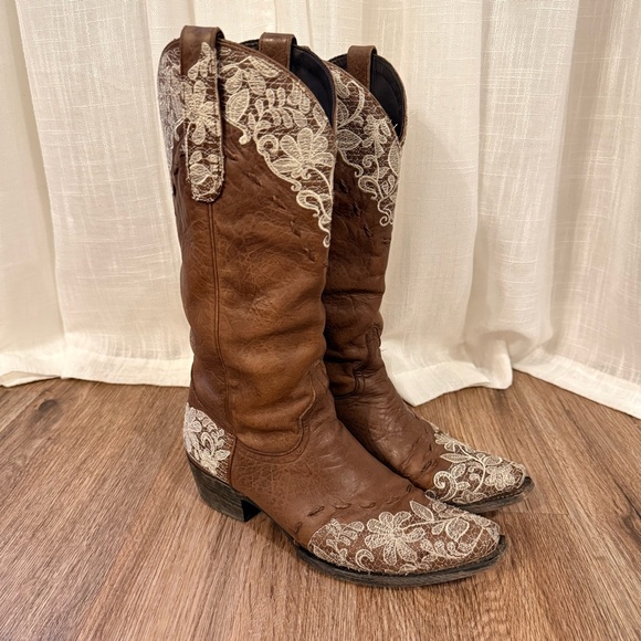 Lane Boots Jeni Lace Size 7.5 Western Cowgirl Mid-Calf Brown Ivory Embroidered - Picture 2 of 10